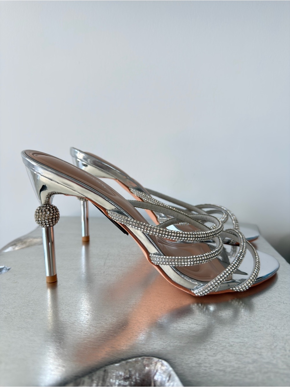 NWOT Silver Rhinestone Strappy Heeled Sandals | Crystal | Mule | Night Out